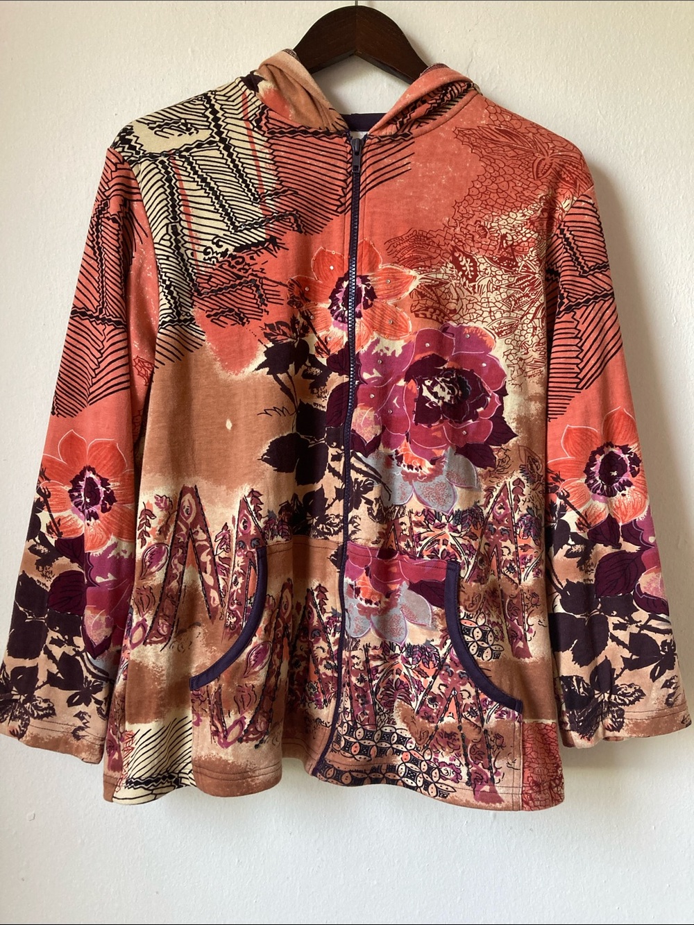 Parsley & Sage Psychedelic Sequins Full Zip Hooded Jacket Women’s XL